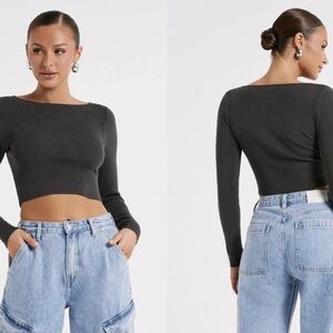 MESHKI Long Sleeve Knit Grey Crop Top Size S Layer Fall Spring Date Night